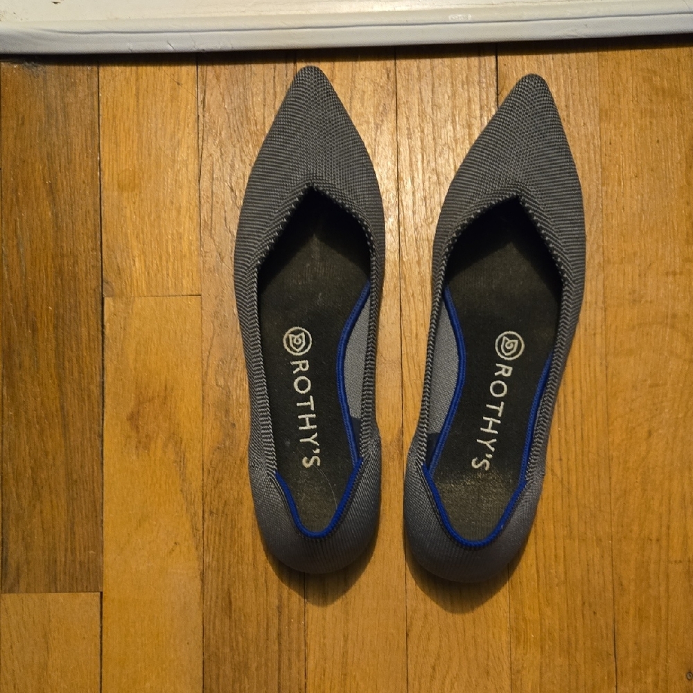 Rothy's Gray Pointed-Toe Flats with Blue Trim